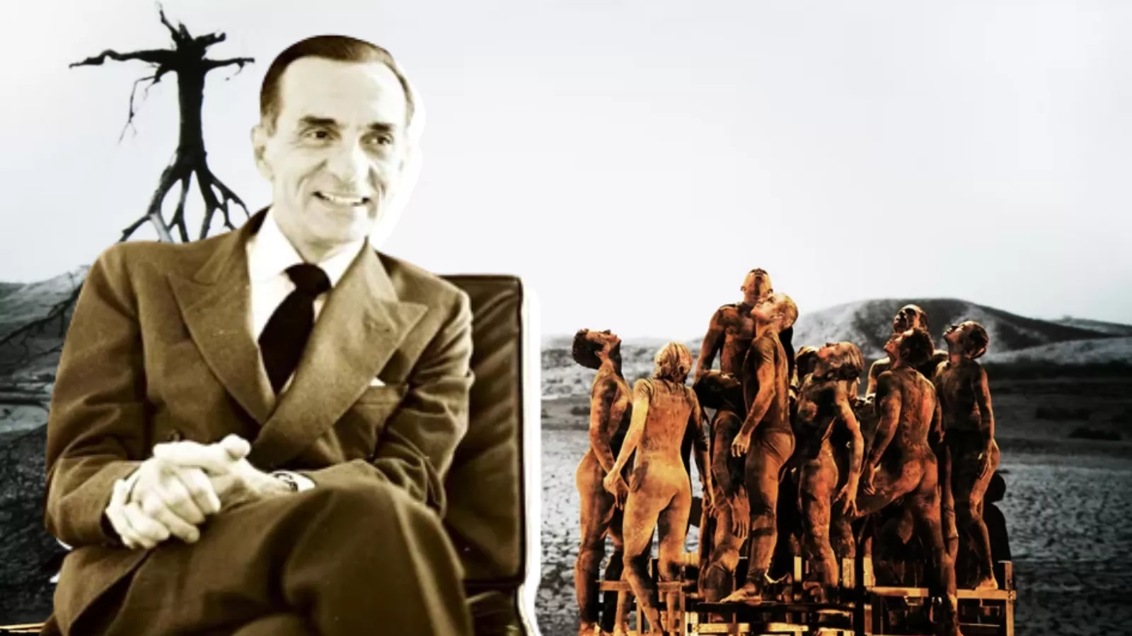Montagem com João Cabral de Melo Neto e cena do espetáculo Cão sem Plumas, inspirado no poema do escritor.