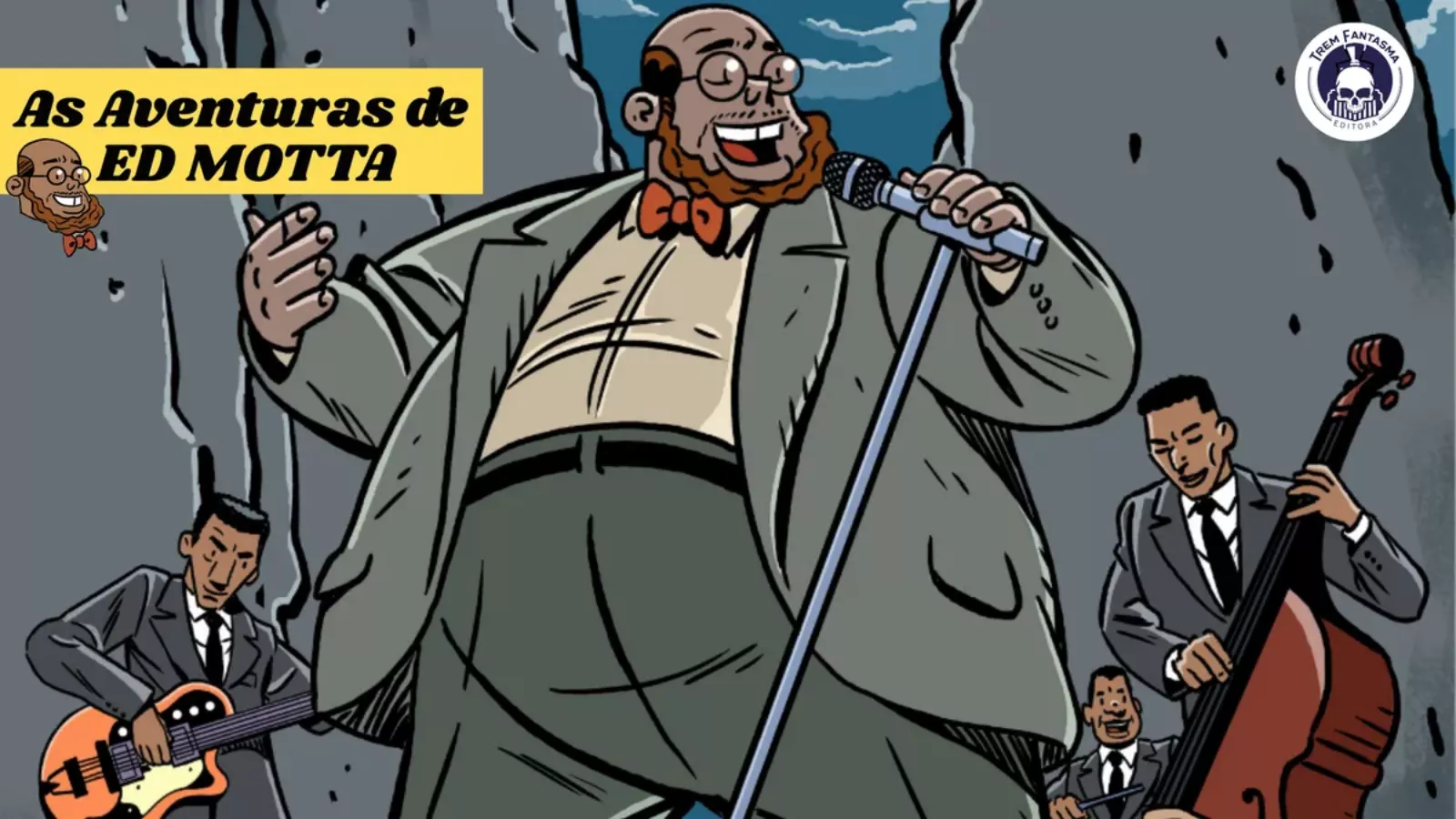Ed Motta em versão de quadrinhos, de terno cinza e gravata-borboleta, canta ao microfone diante de sua banda de jazz em arte da HQ As Aventuras de Ed Motta