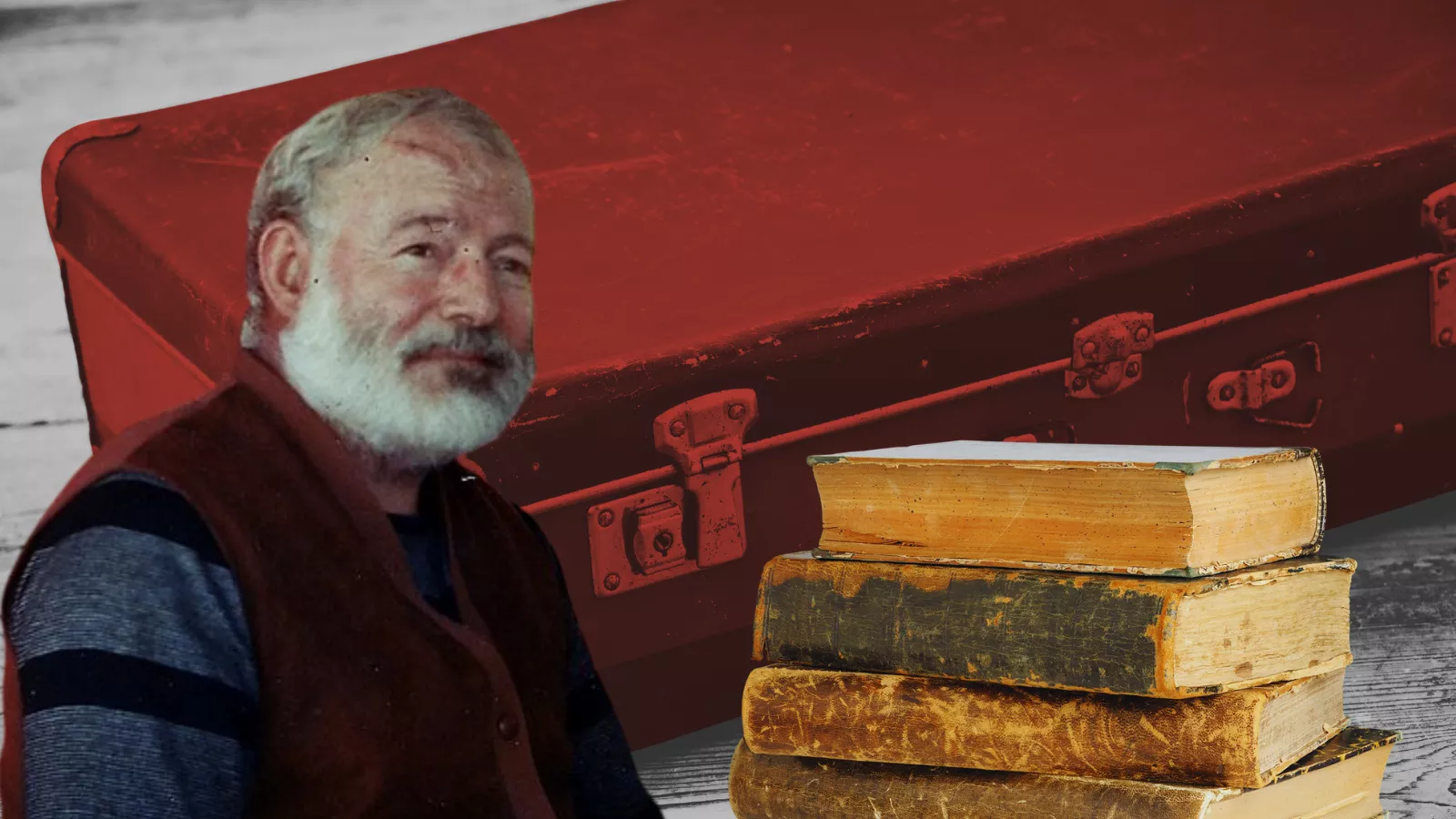 Montagem com Ernest Hemingway, uma mala antiga e uma pilha de livros, em referência aos manuscritos perdidos pelo escritor em 1922.