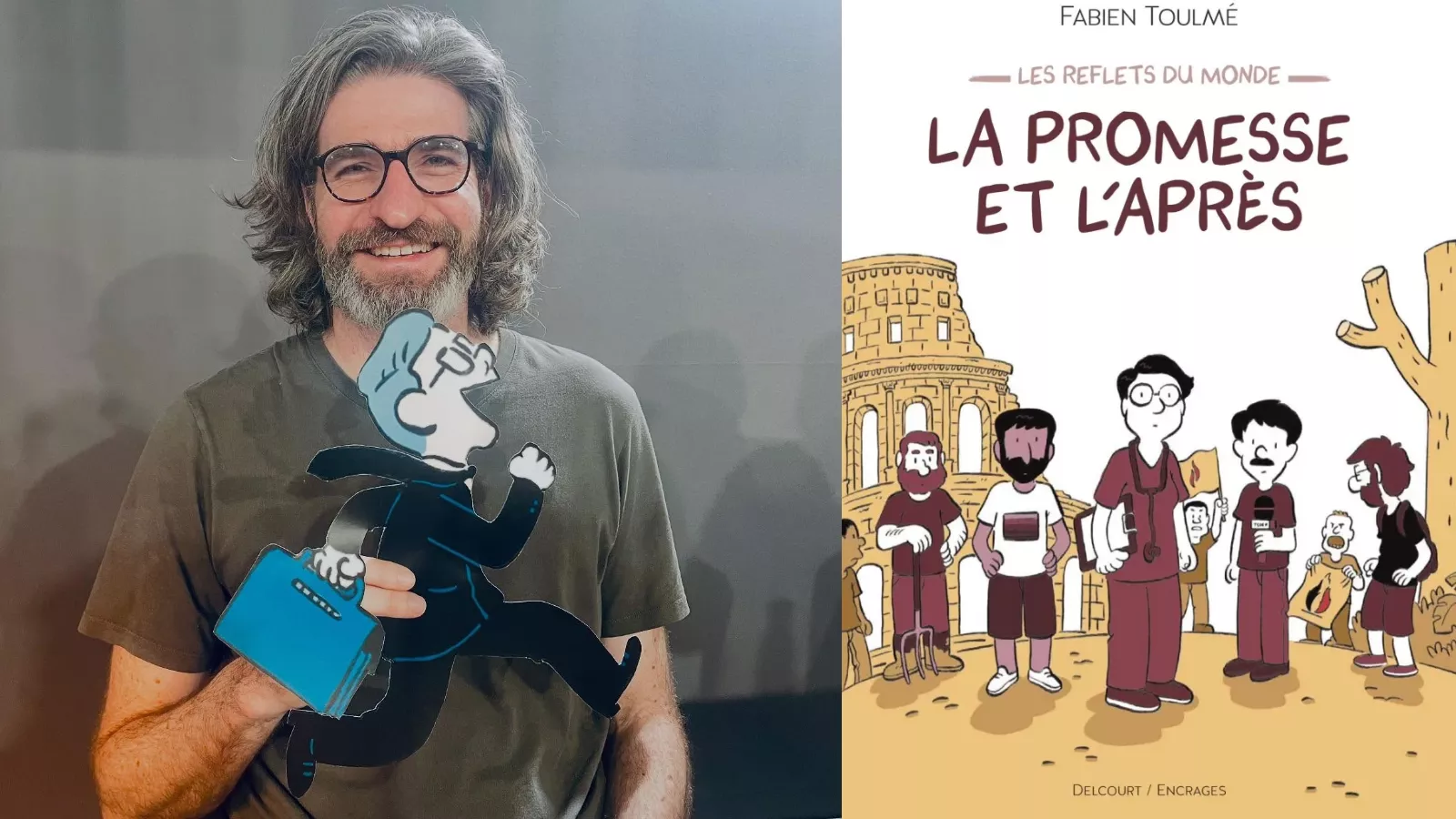 Fabien Toulmé posa ao lado da capa de La Promesse et l'Après, terceiro volume da série Les Reflets du monde.