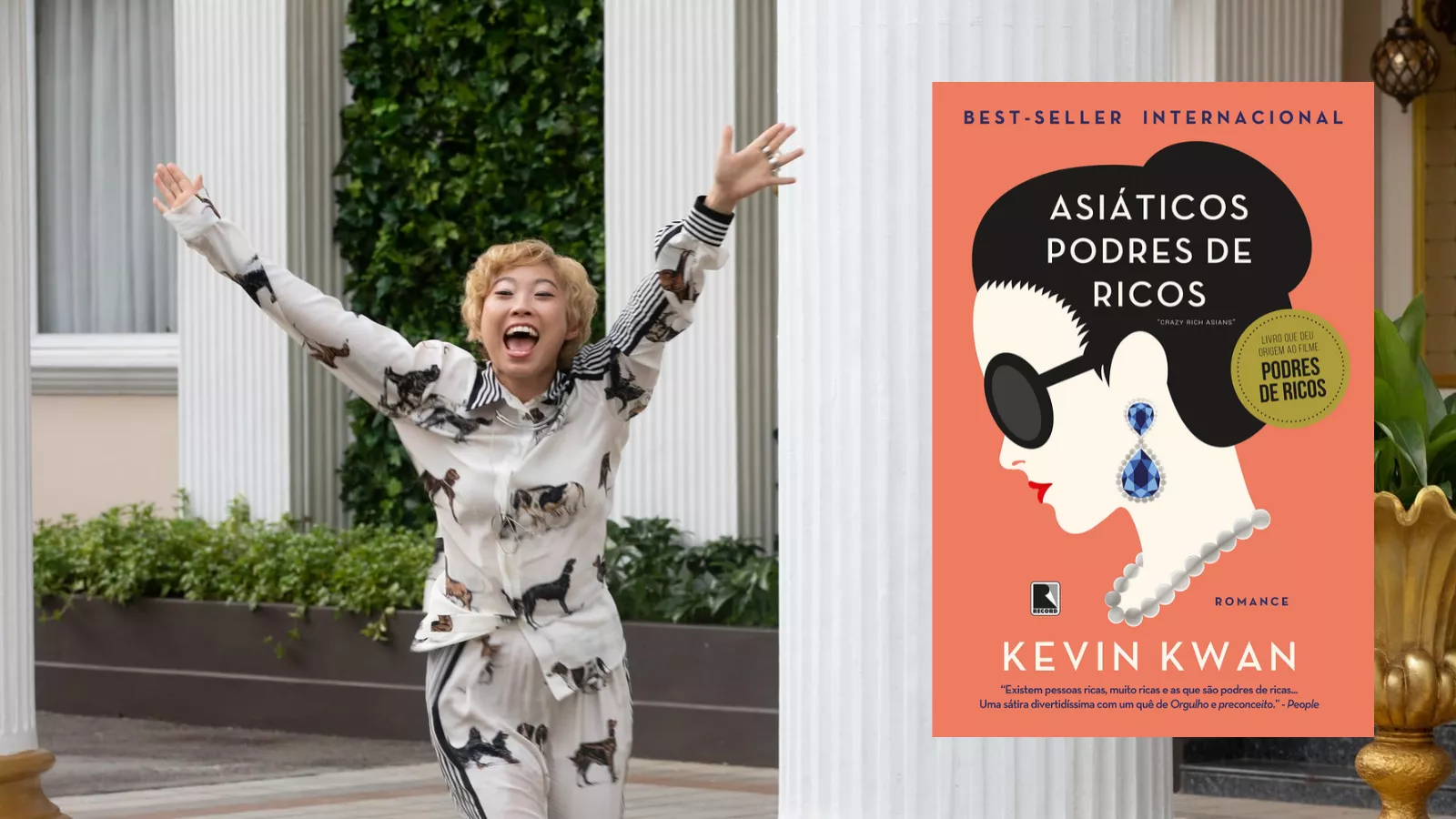 Awkwafina em cena de Podres de Ricos ao lado da capa brasileira do romance Asiáticos Podres de Ricos, de Kevin Kwan.
