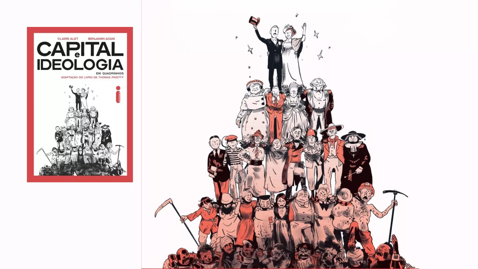 Capa de Capital e Ideologia em Quadrinhos ao lado de uma ilustração com personagens de diferentes períodos históricos.