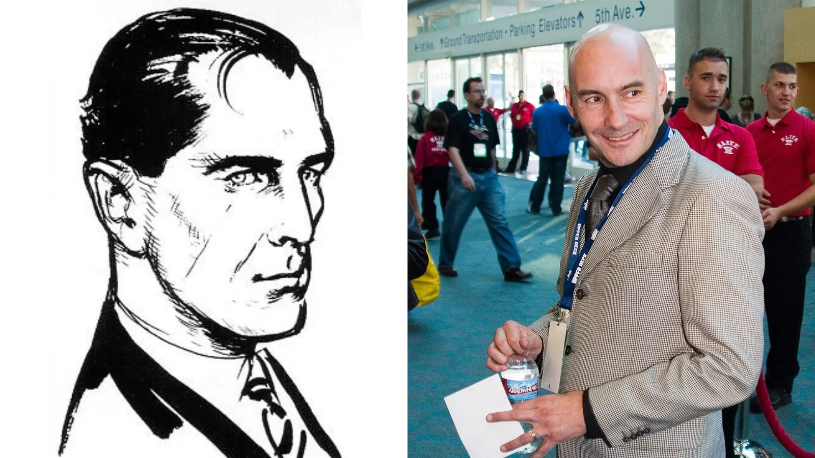 Montagem com ilustração de James Bond inspirada nos livros de Ian Fleming e foto do roteirista Grant Morrison.