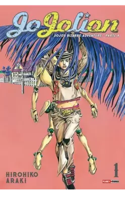 Capa do volume 1 de JoJolion na edição da Panini, com Josuke Higashikata e seu Stand, Soft & Wet, sobre fundo rosa, oitava parte de JoJo's Bizarre Adventure