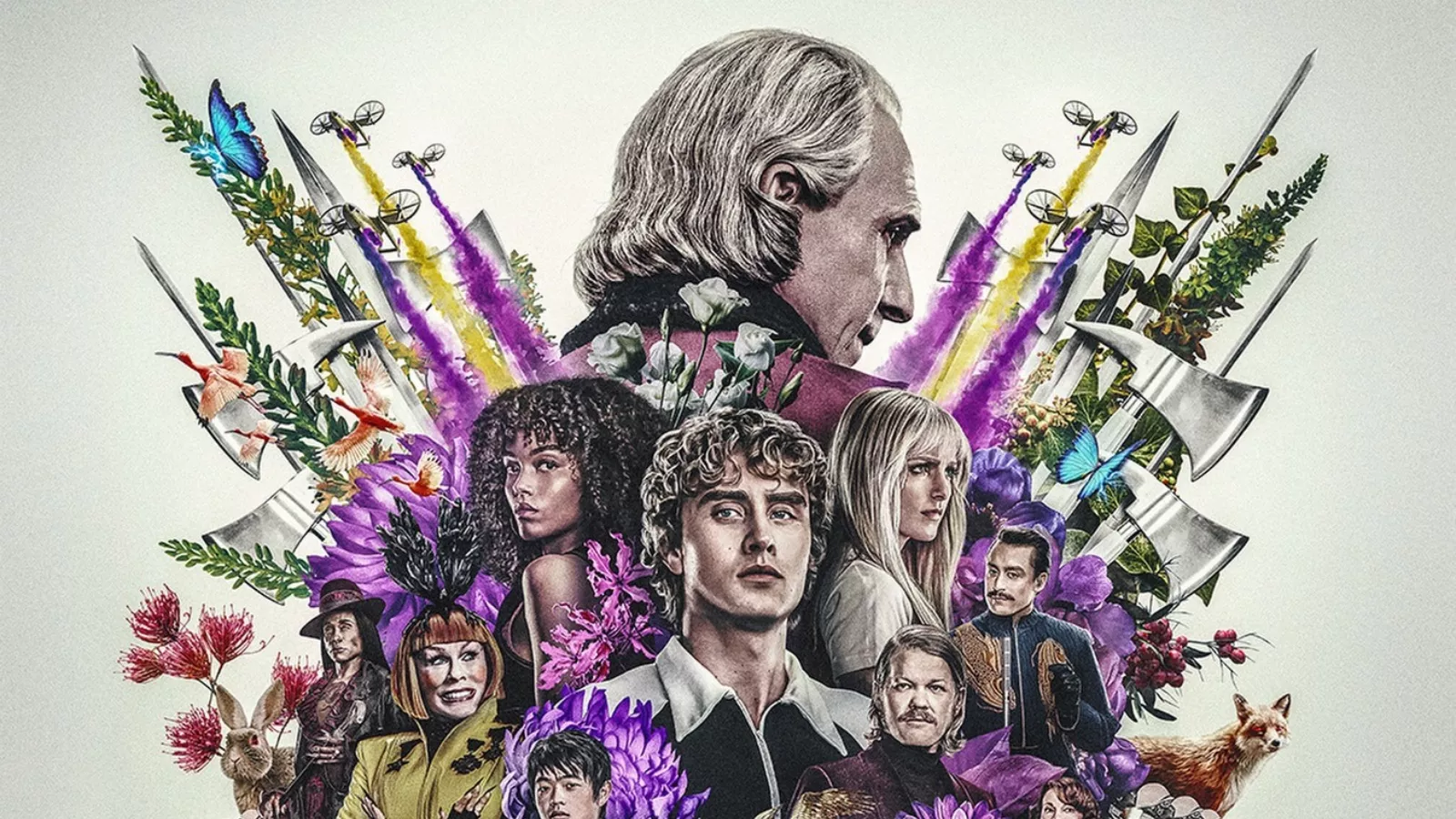 Pôster de Jogos Vorazes: Amanhecer na Colheita reúne Haymitch, presidente Snow e outros personagens entre flores, armas, borboletas e animais.