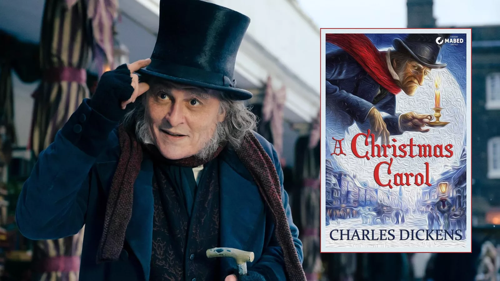 Johnny Depp como Ebenezer Scrooge, de cartola, cachecol e bengala, em cena de Ebenezer e os Fantasmas do Natal, ao lado da capa de A Christmas Carol, de Charles Dickens