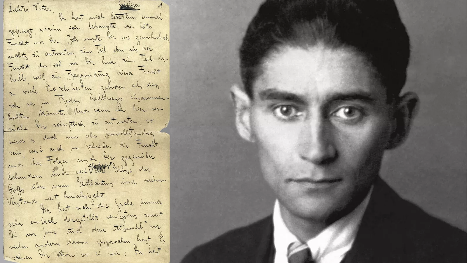 Primeira página manuscrita da Carta ao Pai, de Franz Kafka, em alemão, ao lado de seu último retrato fotográfico, de terno e gravata, olhando para a câmera.