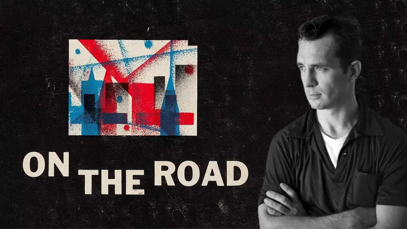 Montagem com Jack Kerouac ao lado de uma arte de On the Road, romance escrito originalmente em um rolo contínuo de papel.
