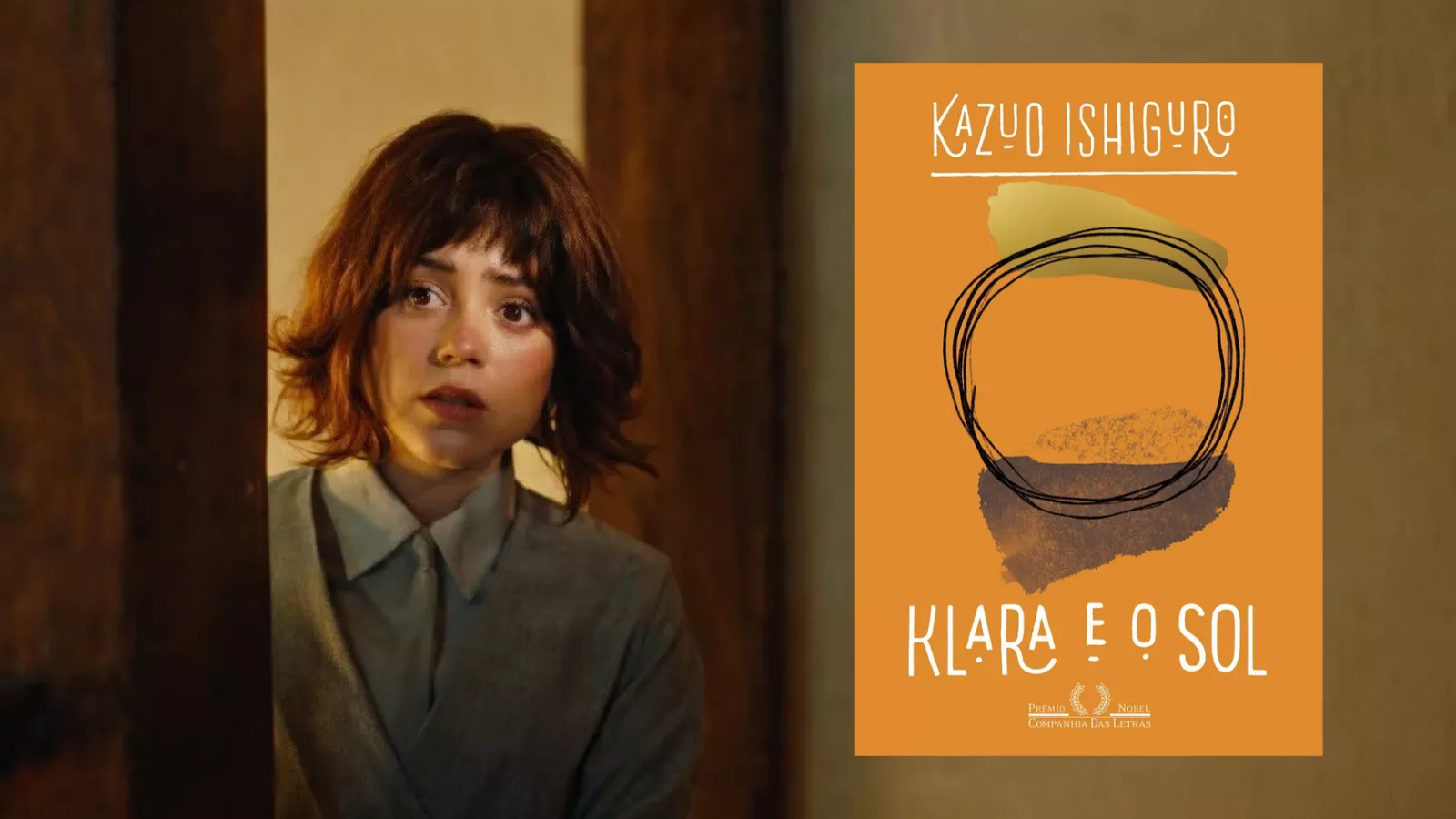 Jenna Ortega como Klara em cena do filme Klara e o Sol, ao lado da capa brasileira do romance de Kazuo Ishiguro.