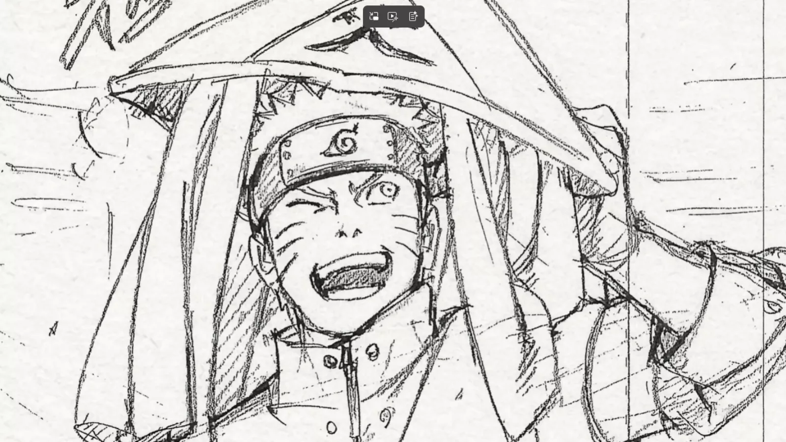 Esboço em preto e branco de Naruto Uzumaki sorrindo, divulgado durante o anúncio do novo mangá Naruto: Shadow Rising.