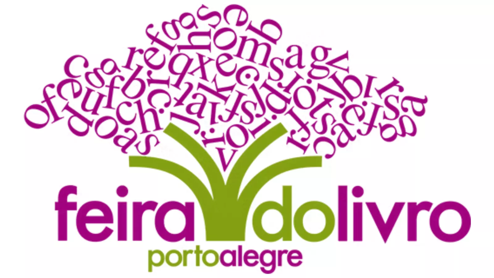 Logotipo da Feira do Livro de Porto Alegre, com uma árvore formada por letras e palavras nas cores roxa e verde.
