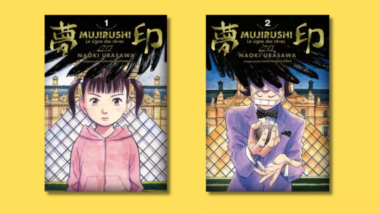 Capas dos dois volumes de Mujirushi, de Naoki Urasawa, pela Panini: uma menina de moletom rosa e um homem de terno roxo e gravata-borboleta diante da pirâmide do Louvre.
