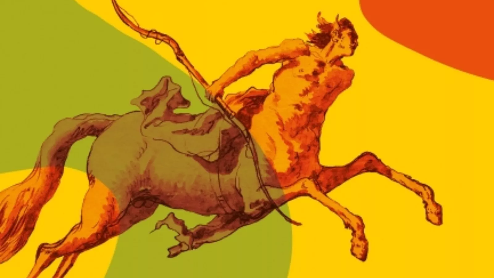Detalhe da capa de O Centauro no Jardim: um centauro de cabelos ao vento segura um arco, em gravura alaranjada sobre fundo amarelo, verde e laranja.
