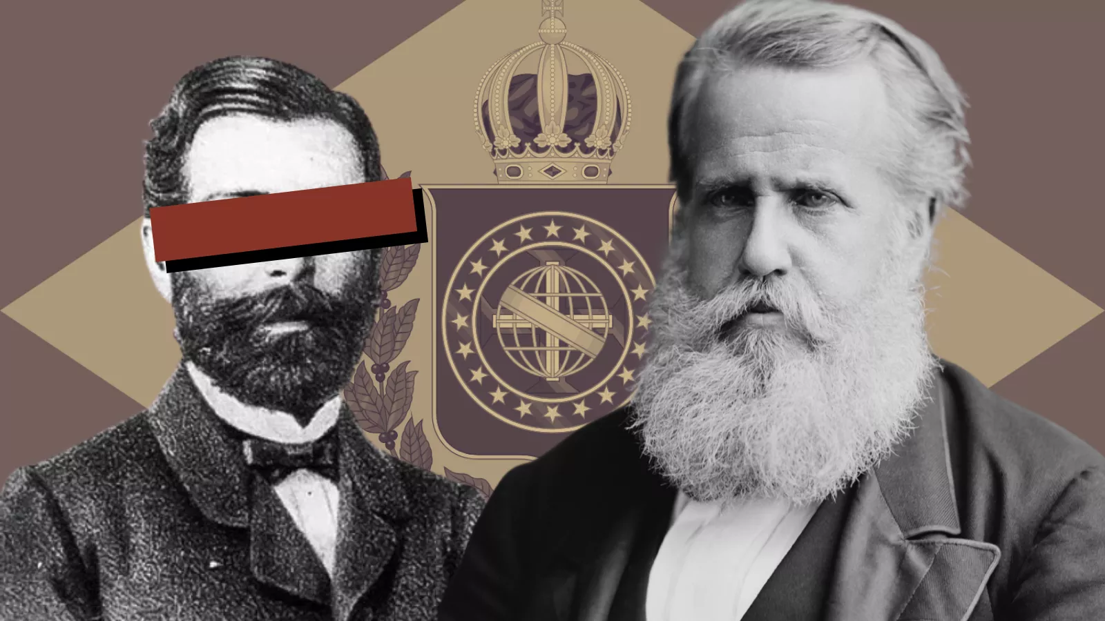 Montagem com José de Alencar de olhos tarjados e D. Pedro II diante da bandeira do Império em sépia, ilustrando o veto do imperador ao escritor no Senado