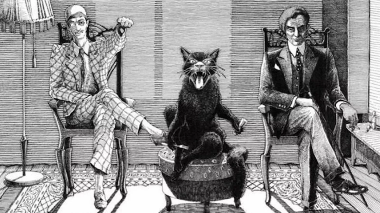 Ilustração de O Mestre e Margarida mostra Koroviev, o gato Behemoth e Woland sentados lado a lado.