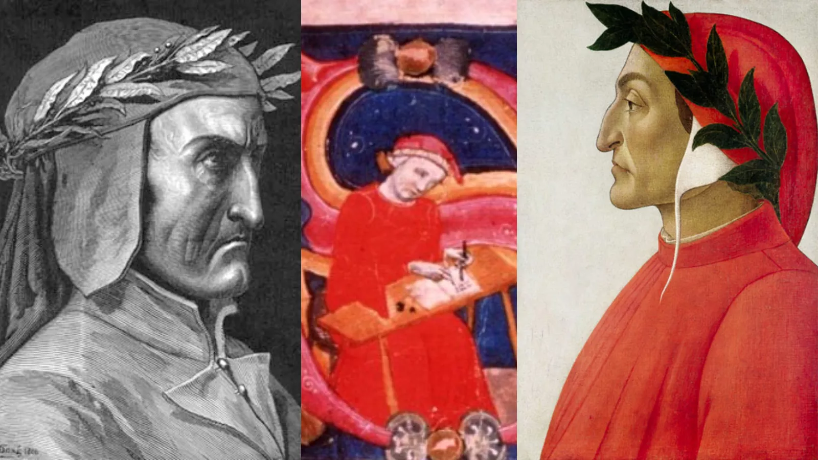 Montagem com três retratos de Dante Alighieri. À esquerda, uma gravura em preto e branco mostra Dante de perfil, com coroa de louros sobre um capuz e expressão severa. No centro, uma miniatura medieval colorida, dentro de uma letra ornamentada, mostra Dante de roupa vermelha escrevendo sentado diante de uma mesa. À direita, uma pintura mostra Dante de perfil, de manto e capuz vermelhos, com coroa de louros verde-escura.