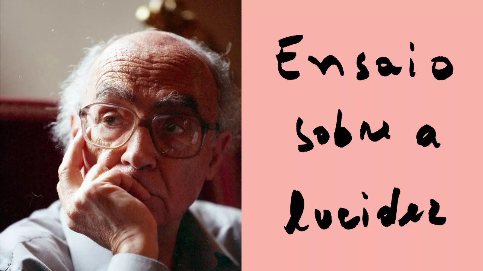 Montagem com retrato de José Saramago ao lado da capa de Ensaio sobre a Lucidez.