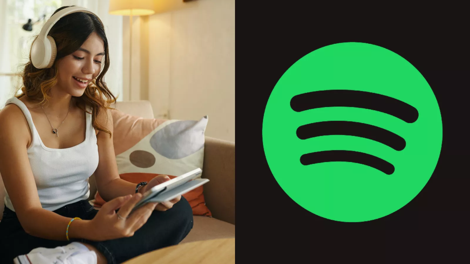 Mulher usando fones de ouvido e tablet ao lado do logotipo do Spotify, ilustrando a chegada dos audiolivros ao Brasil.