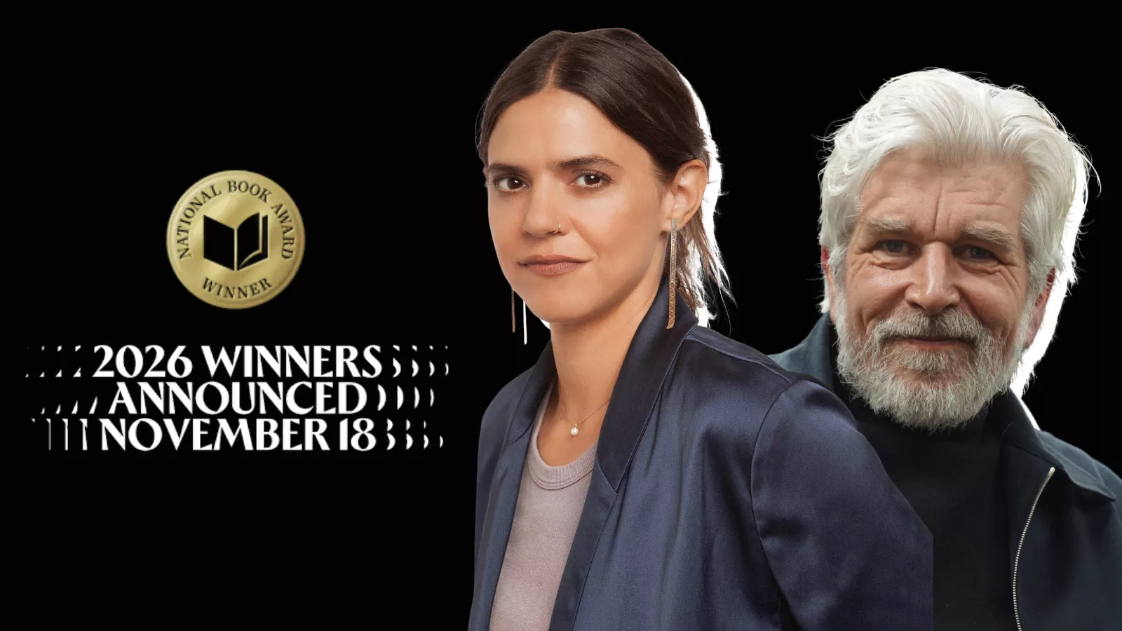 Montagem com a escritora mexicana Valeria Luiselli e o norueguês Karl Ove Knausgaard ao lado do selo dourado do National Book Award e da data de anúncio dos vencedores, 18 de novembro