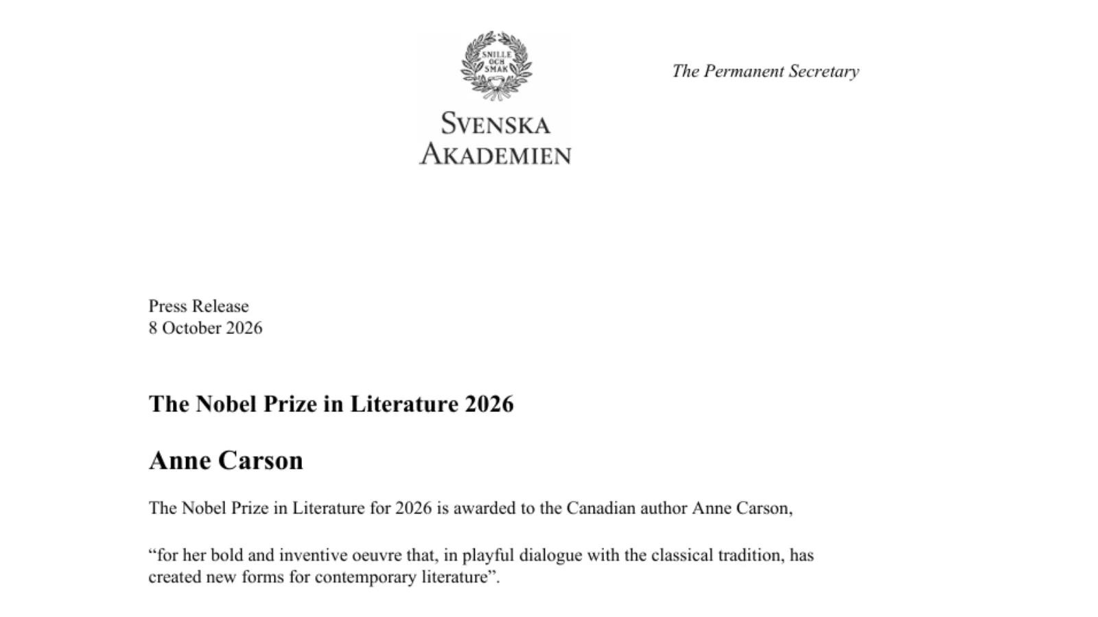 Comunicado da Academia Sueca anuncia Anne Carson como vencedora do Nobel de Literatura 2026.