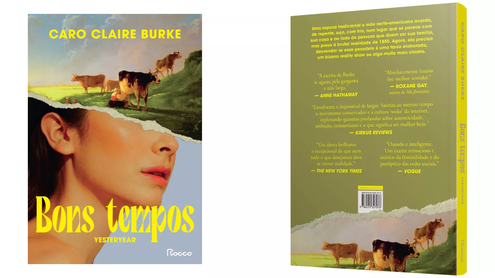 Capa e contracapa de Bons Tempos, romance de Caro Claire Burke publicado no Brasil pela Rocco.
