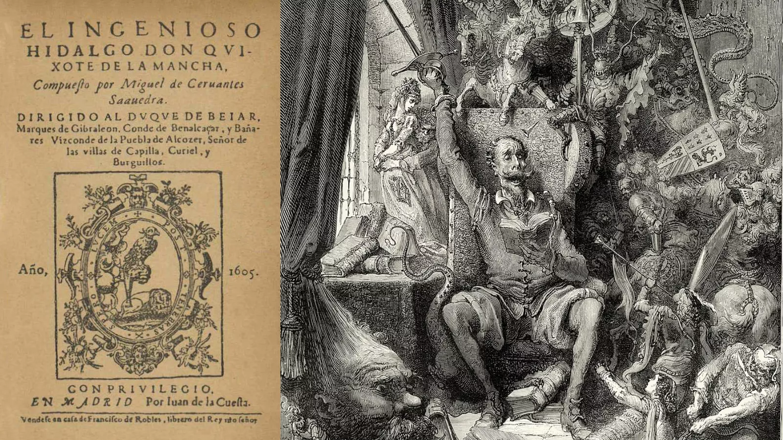Montagem com duas imagens antigas. À esquerda está a folha de rosto da primeira edição de El ingenioso hidalgo Don Quixote de la Mancha, de 1605, em papel amarelado. Traz o título e o nome de Miguel de Cervantes em letras tipográficas e, no centro, o brasão do impressor com um falcão, um leão deitado e uma divisa em latim. À direita, uma gravura em preto e branco mostra Dom Quixote sentado numa poltrona, com um livro aberto e uma espada erguida, cercado por cavaleiros, damas, dragões, monstros e cenas de batalha que saem da imaginação dele.