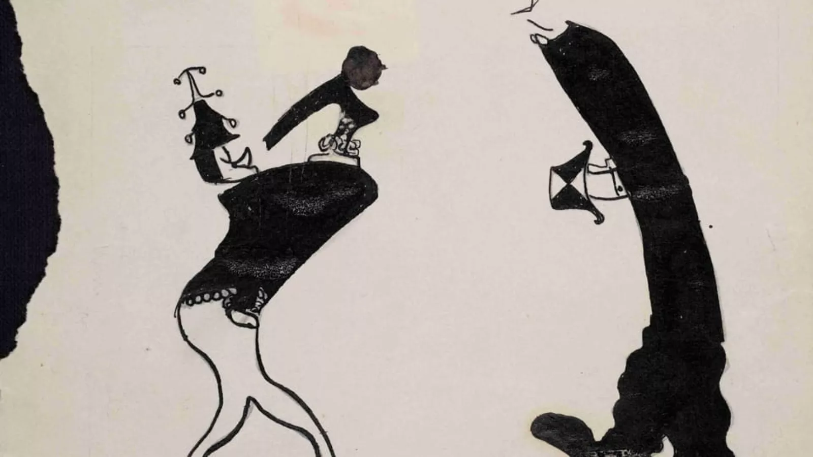 Desenho de Franz Kafka em nanquim: uma figura pequena sobre outra figura curvada, diante de um homem alto e esguio de silhueta negra que segura um objeto.
