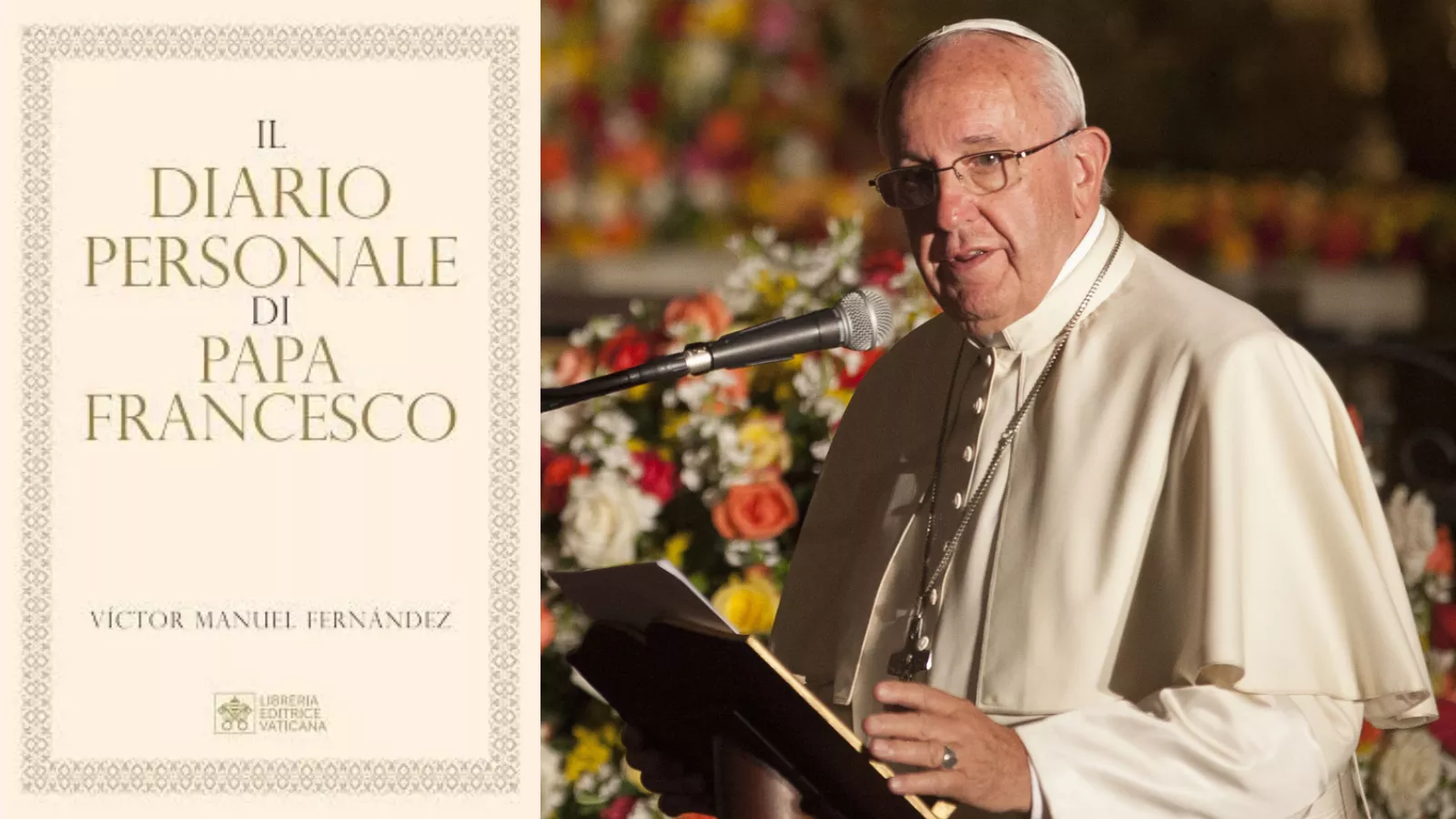 Capa do livro Il Diario personale di Papa Francesco, organizado pelo cardeal Víctor Manuel Fernández, ao lado do papa Francisco discursando ao microfone diante de flores, em Quito, no Equador.
