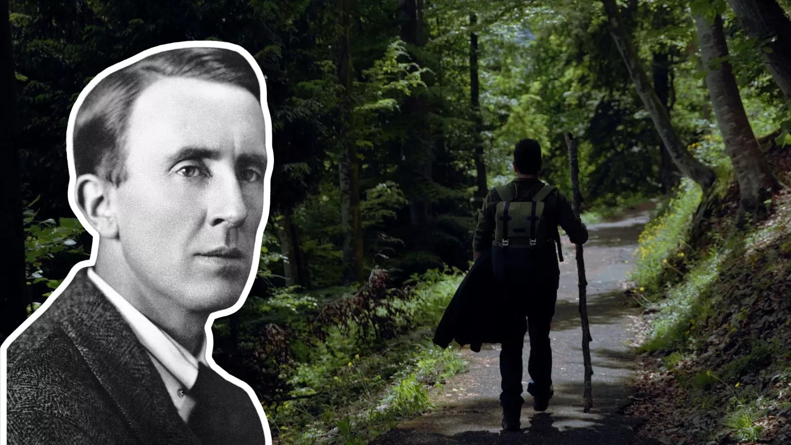 Retrato em preto e branco de um escritor em primeiro plano, sobreposto a uma cena de um homem caminhando por uma floresta com mochila e cajado.