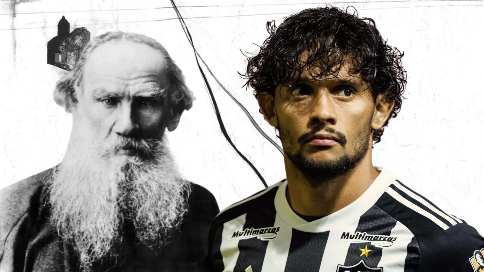 Liev Tolstói em retrato antigo em preto e branco, à esquerda, e Gustavo Scarpa com a camisa do Atlético-MG, à direita, sobre detalhe da capa de A Morte de Ivan Ilitch da Editora 34