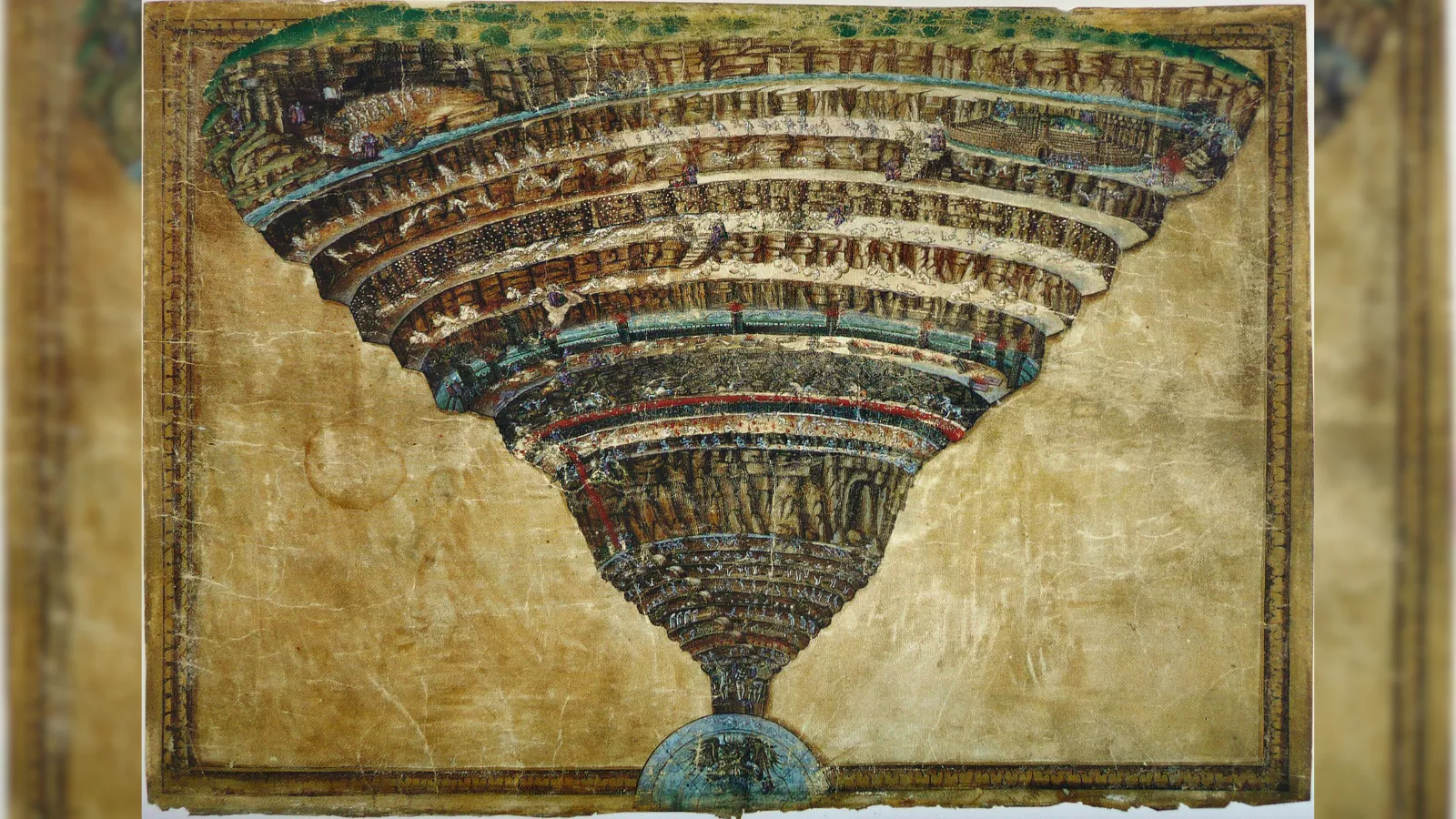 Pintura antiga em pergaminho amarelado e manchado, emoldurada por uma faixa decorada. Mostra o Inferno como um grande funil que se estreita para baixo, dividido em anéis sucessivos, cada um com pequenas figuras humanas, rios, muralhas e cenas de castigo. No fundo do funil há um semicírculo azul.