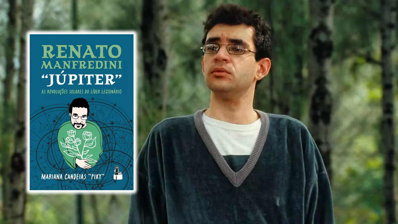 Capa do livro Renato Manfredini “Júpiter”: as revoluções solares do líder legionário, de Mariana Candeias, ao lado de uma imagem de Renato Russo em meio à natureza.