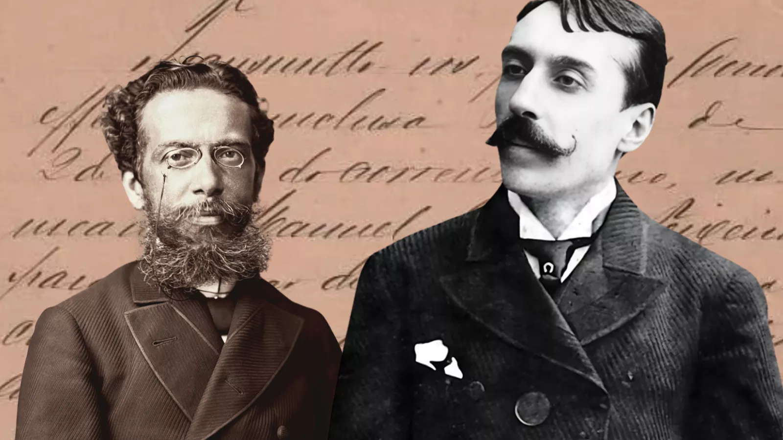 Montagem com retratos antigos de Machado de Assis, de barba e pincenê, e Eça de Queirós, de bigode, sobre fundo de manuscrito, ilustrando a polêmica sobre O Primo Basílio