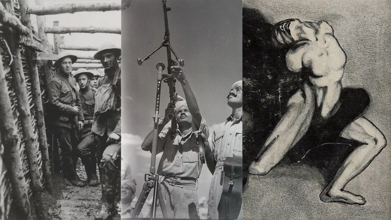 Colagem reúne soldados em uma trincheira da Primeira Guerra Mundial, militares durante a Segunda Guerra Mundial e ilustração associada a O Som e a Fúria, de William Faulkner.