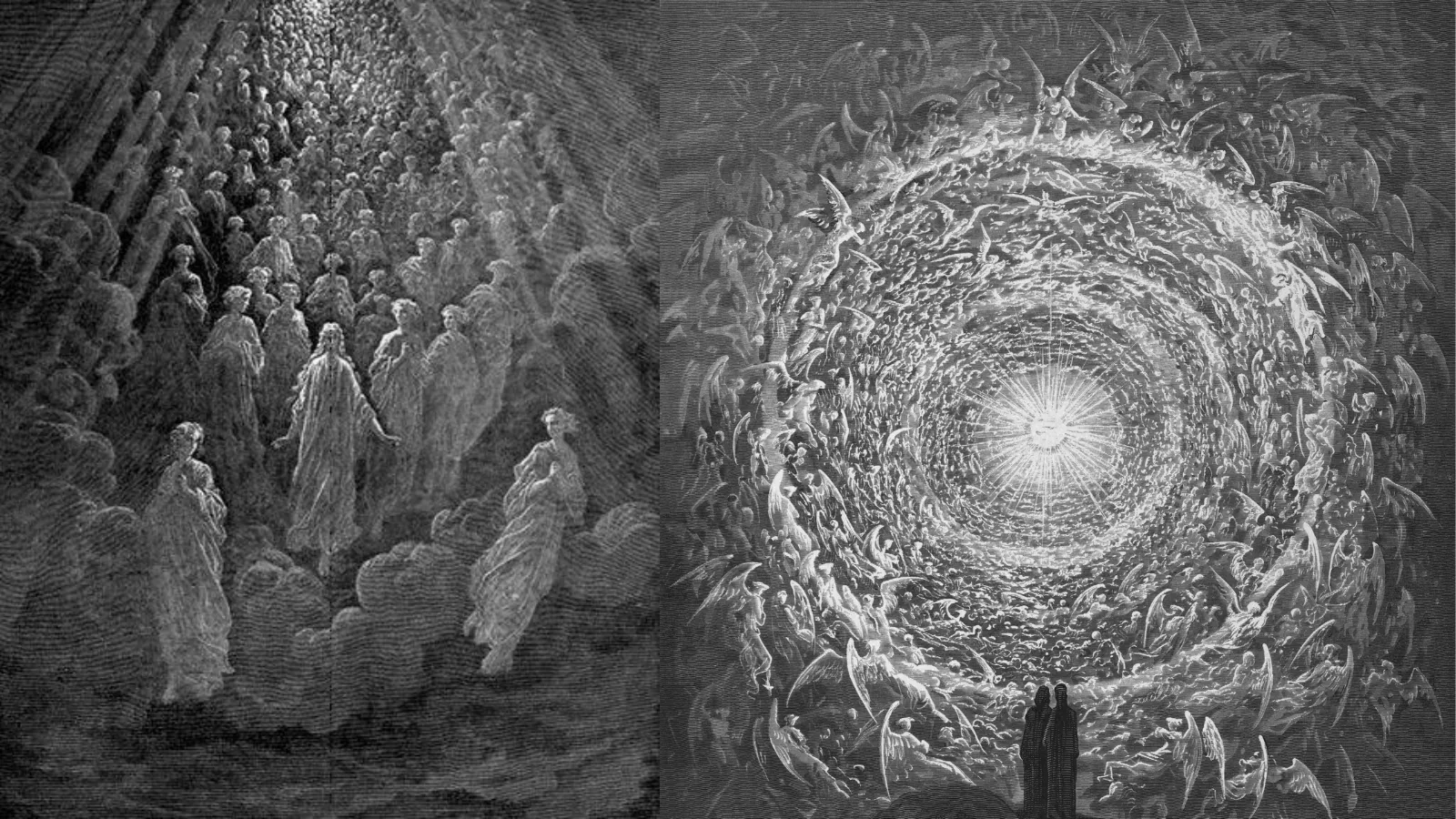 Duas gravuras em preto e branco de Gustave Doré lado a lado. À esquerda, figuras luminosas de túnicas claras flutuam sobre nuvens, banhadas por raios de luz que descem do alto. À direita, Dante e Beatriz, pequenos e escuros na parte de baixo, contemplam um imenso redemoinho circular de anjos e almas em volta de um ponto de luz intensa no centro.