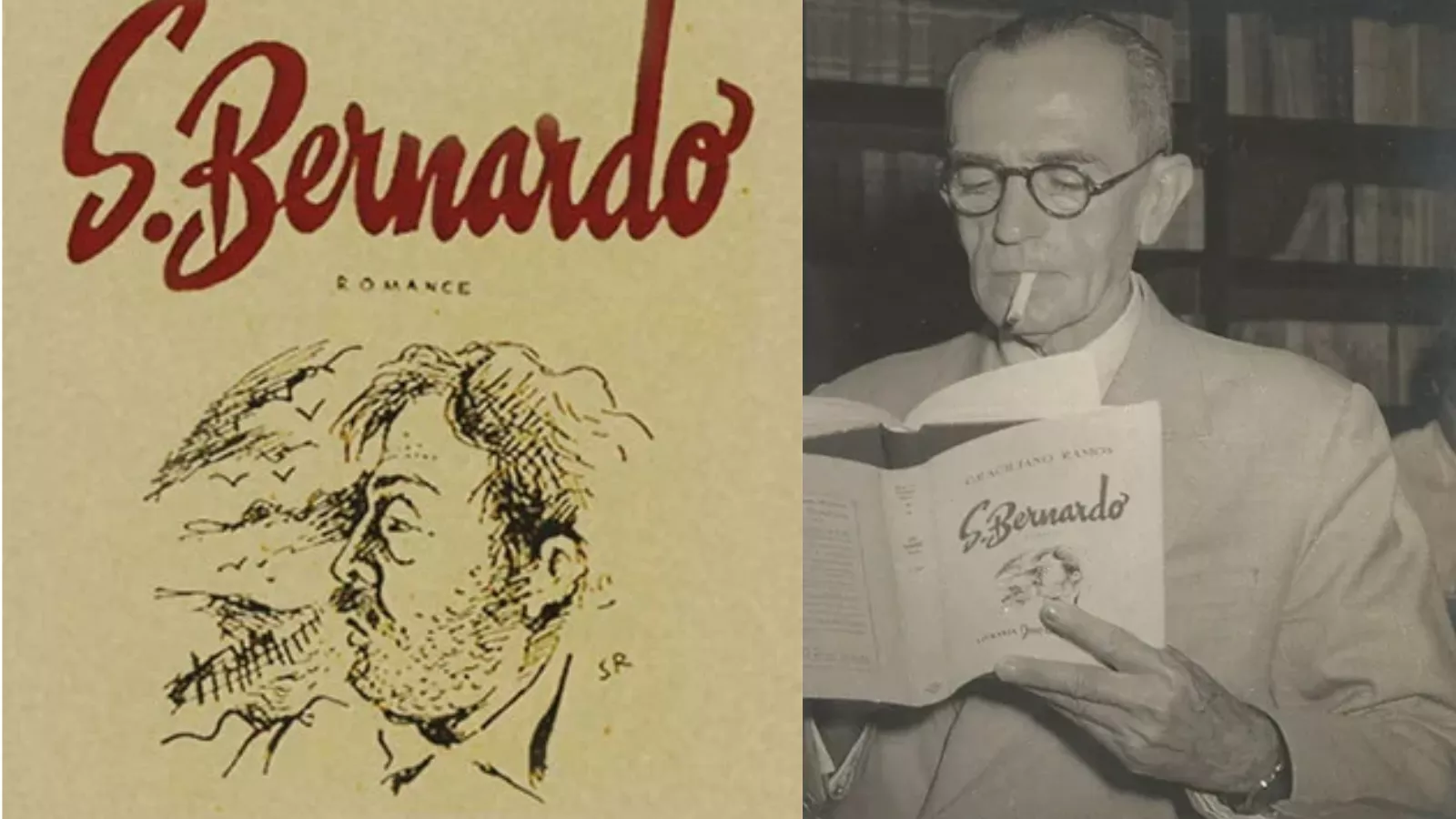 Capa antiga de S. Bernardo, de Graciliano Ramos, com título em vermelho e desenho de um rosto masculino, ao lado de foto do escritor lendo o próprio livro com um cigarro na boca.