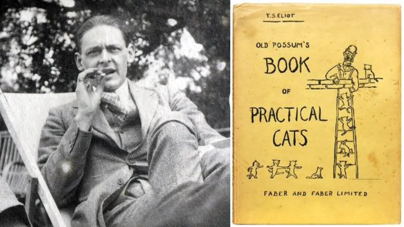 T. S. Eliot ao lado da capa de Old Possum's Book of Practical Cats, livro de poemas que inspirou o musical Cats.
