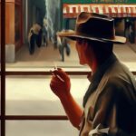 Um homem fumando na janela em frente a uma tabacaria. Imagem gerada pelo Bing Image Creator.
