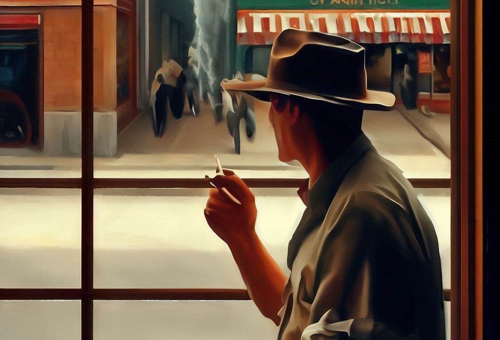 Um homem fumando na janela em frente a uma tabacaria. Imagem gerada pelo Bing Image Creator.