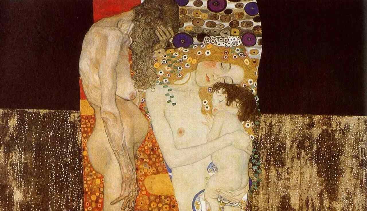 Pintura "As três idades da mulher", de Gustav Klimt. Ilustrando o poema "Fé, esperança e caridade", de Castro Alves.