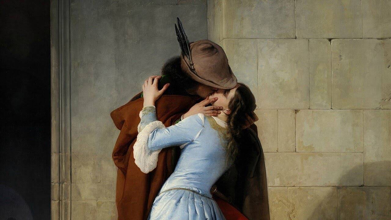 Pintura "O Beijo", de Francesco Hayez. Representando o poema "Gesso e Bronze", de Castro Alves.