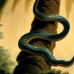 Uma serpente descendo por um tronco de coqueiro, imagem gerada pelo Bing Image Creator. Ilustrando o poema "Immensis orbibus anguis", de Castro Alves