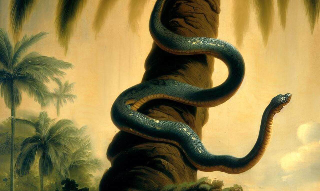 Uma serpente descendo por um tronco de coqueiro, imagem gerada pelo Bing Image Creator. Ilustrando o poema "Immensis orbibus anguis", de Castro Alves