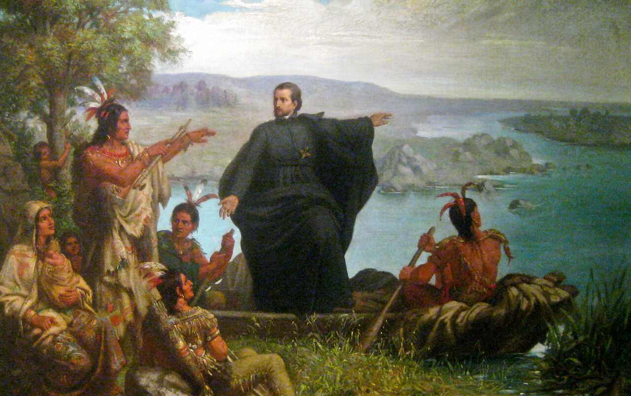 Pintura "Père Marquette and the Indians", de Wilhelm Lamprecht. Ilustrando o poema "Jesuítas", de Castro Alves.