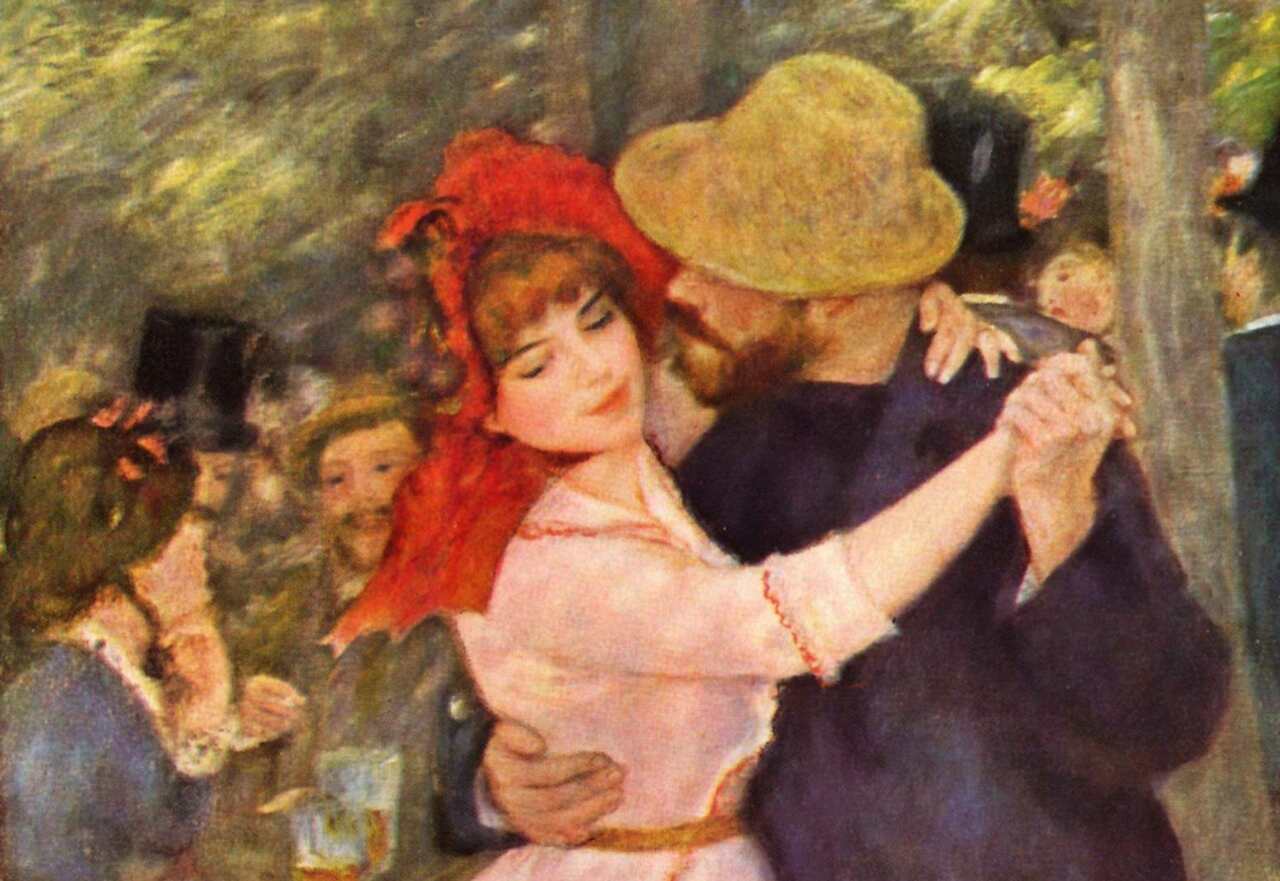 Pintura "Dança em Bougival", de Pierre-Auguste Renoir. Ilustrando o poema "Menina e Moça", de Castro Alves.
