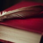 Um livro de poesia de capa vermelha com uma pena em cima. Imagem gerada pelo Bing Image Creator