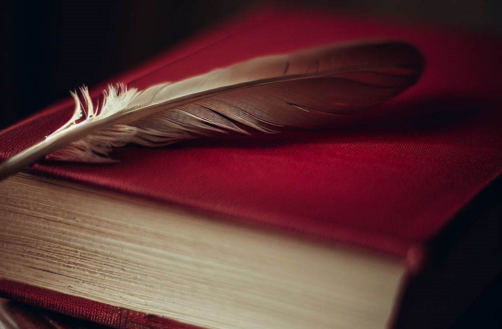 Um livro de poesia de capa vermelha com uma pena em cima. Imagem gerada pelo Bing Image Creator