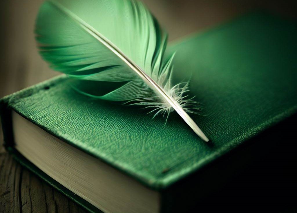 Um livro verde de poesias com uma pena igualmente verde em cima. Imagem gerada pelo Bing Image Creator.
