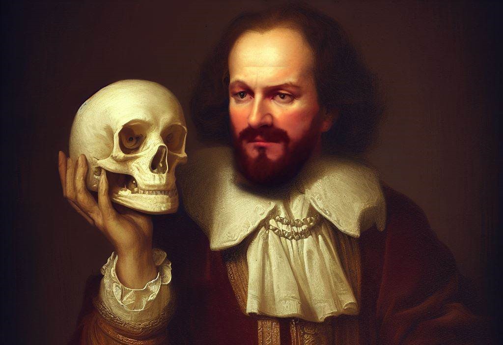 Uma representação de William Shakespeare segurando um crânio, como na peça Hamlet. Imagem gerada pelo Bing Image Creator