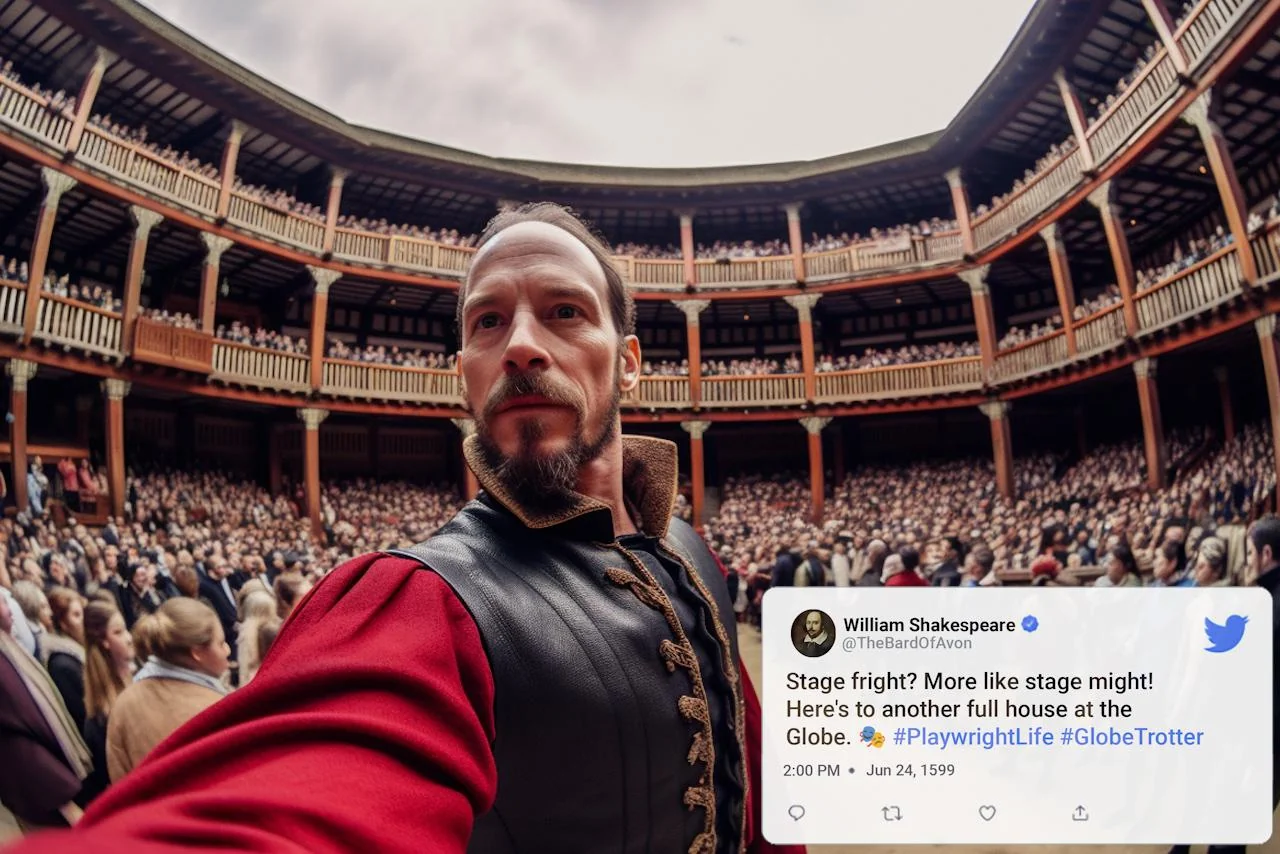 Uma selfie de William Shakespeare no The Globe; imagem gerada pelo Midjourney pelo usuário do Reddit u/fignewtgingrich.